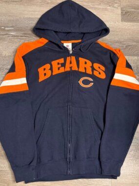 NFL Chicago Bears Full Zip Hoodie Navy Blue Orange Spellout Logo Mens Small